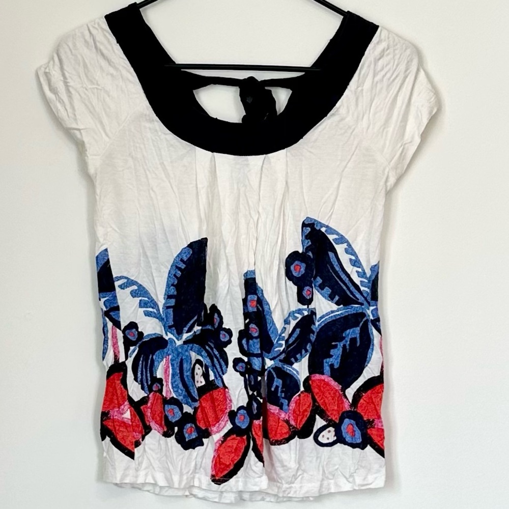Deletta White Blouse with Blue and Red Floral Design - Size: Extra Small